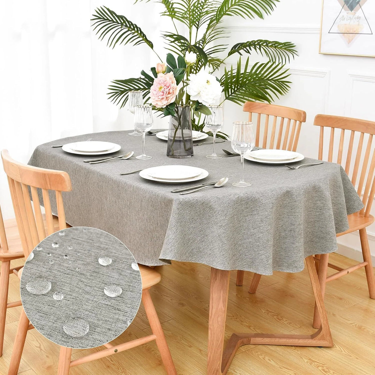 Faux Linen Oval Tablecloth for Farmhouse (Waterproof, Grey, Washable)
