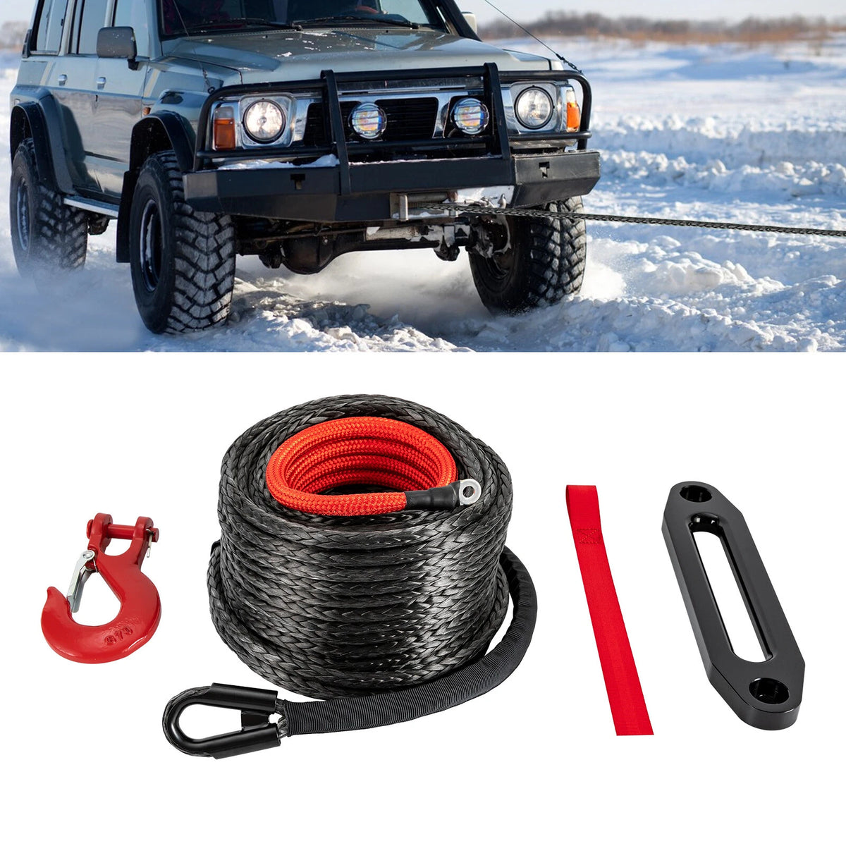 Synthetic Winch Line Cable Rope 1/2"x92ft with Sleeve + Hook for ATV UTV