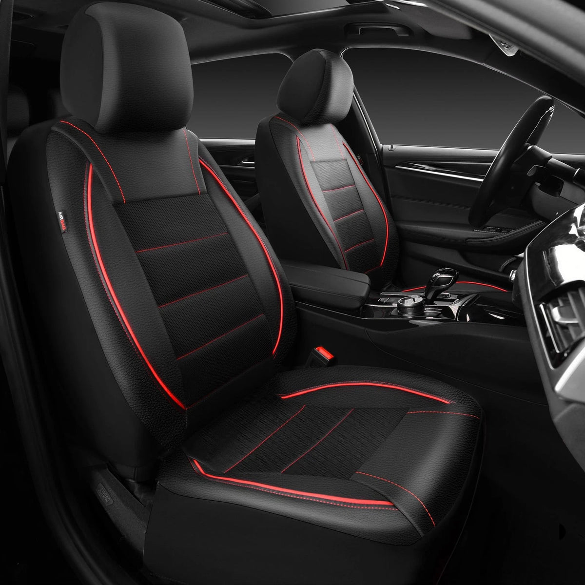 Set of 2 Leather Front Seat Covers for Universal Fit (6PCS, Black Red)
