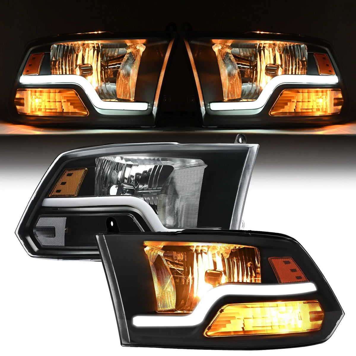 Set of 2 Headlights for Dodge Ram 1500 2500 3500 (2009–2018) Black Sequential LED DRL