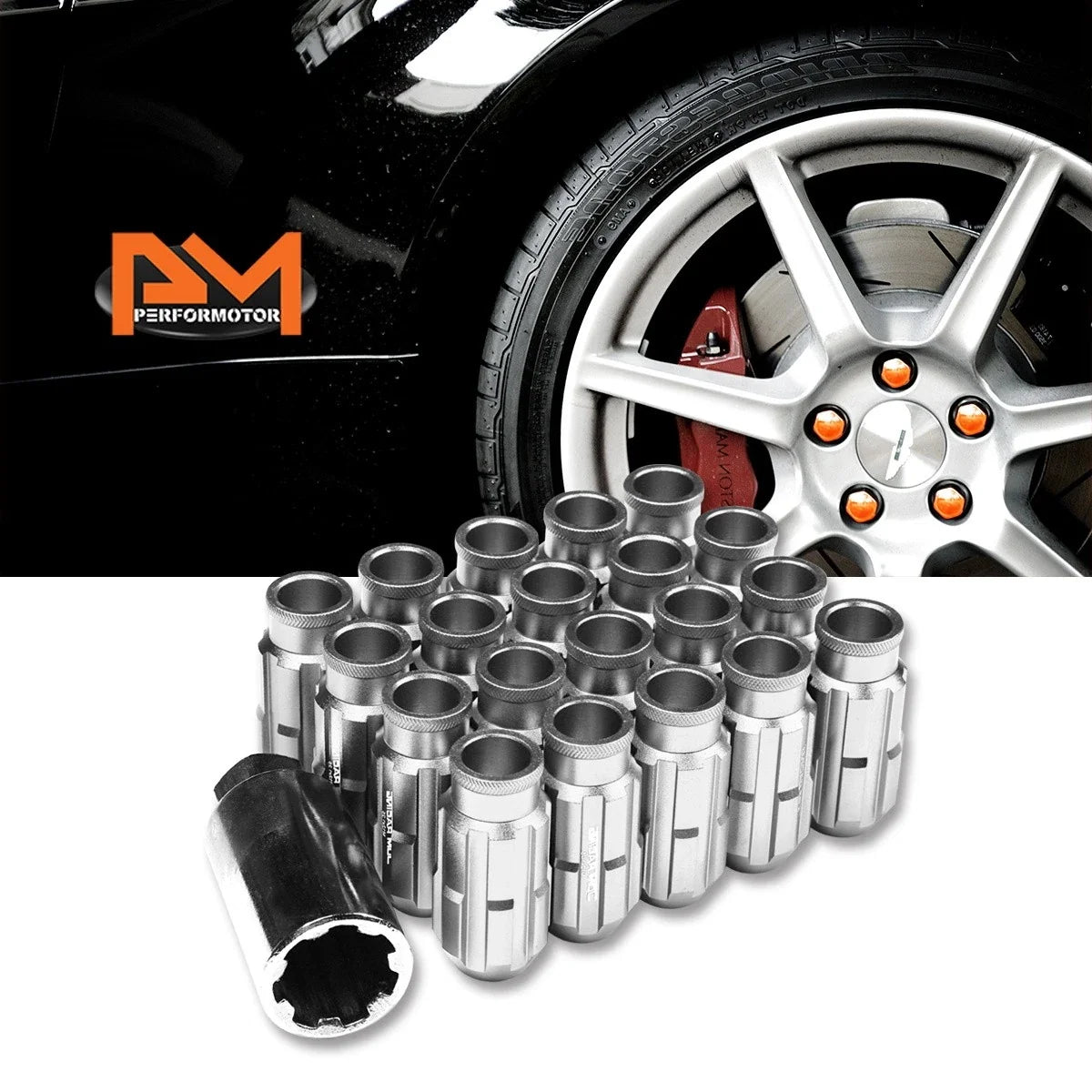 20Pc M12X1.25 Silver JDM Open End Bulge Spline Wheel Lug Nuts + Lock Key