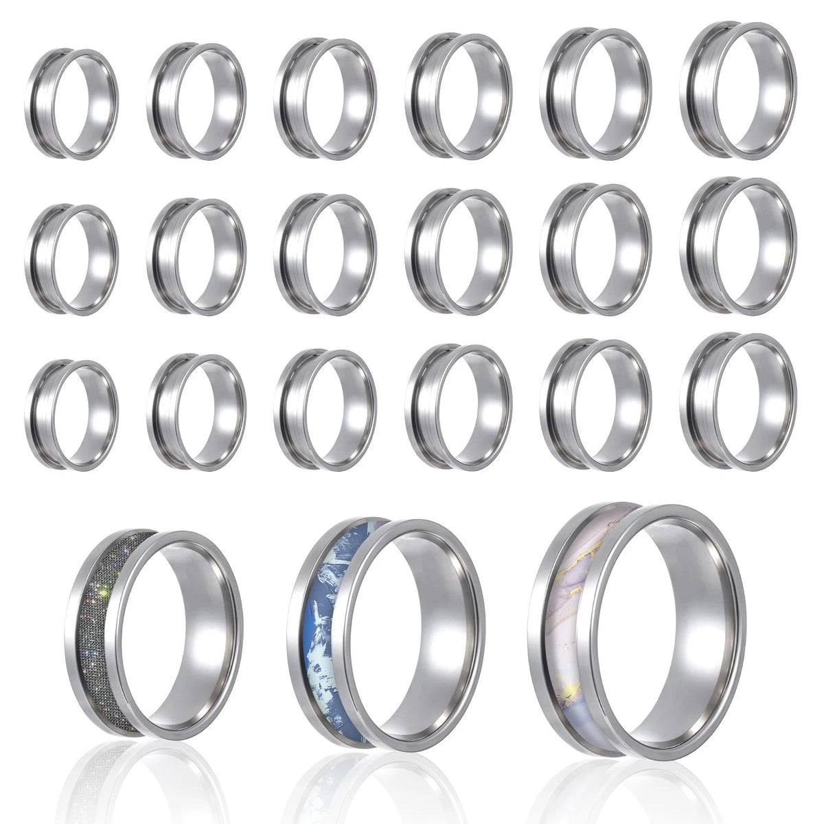 18 Pcs Stainless Steel Finger Rings Grooved Core Inlay Silver