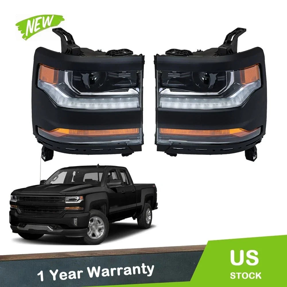 Pair HID Xenon Headlight Headlamp w/ LED for Chevy Silverado 1500 (2016–2018)