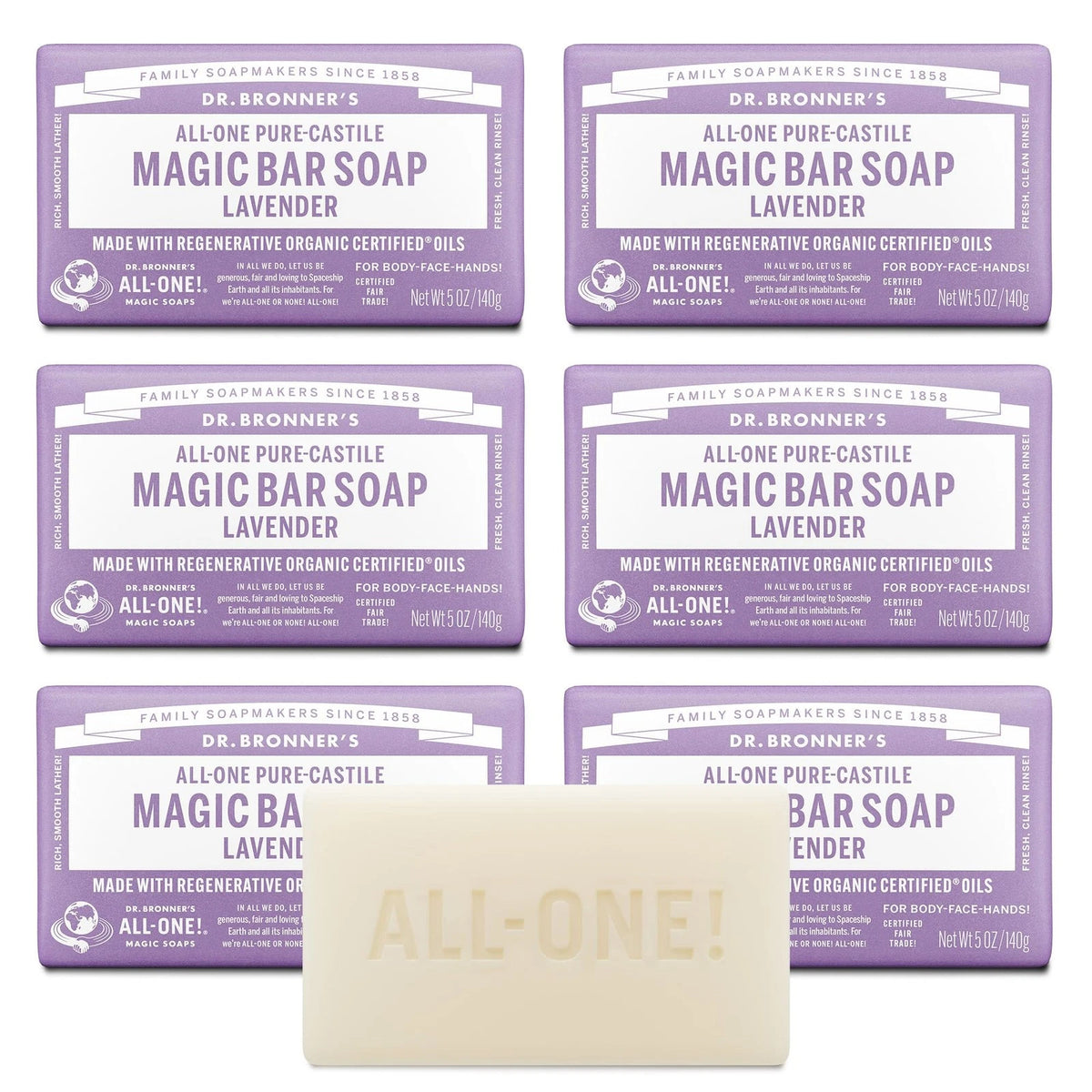 Pack of 6 Lavender Pure-Castile Magic Soap Bars (5.5 oz each)