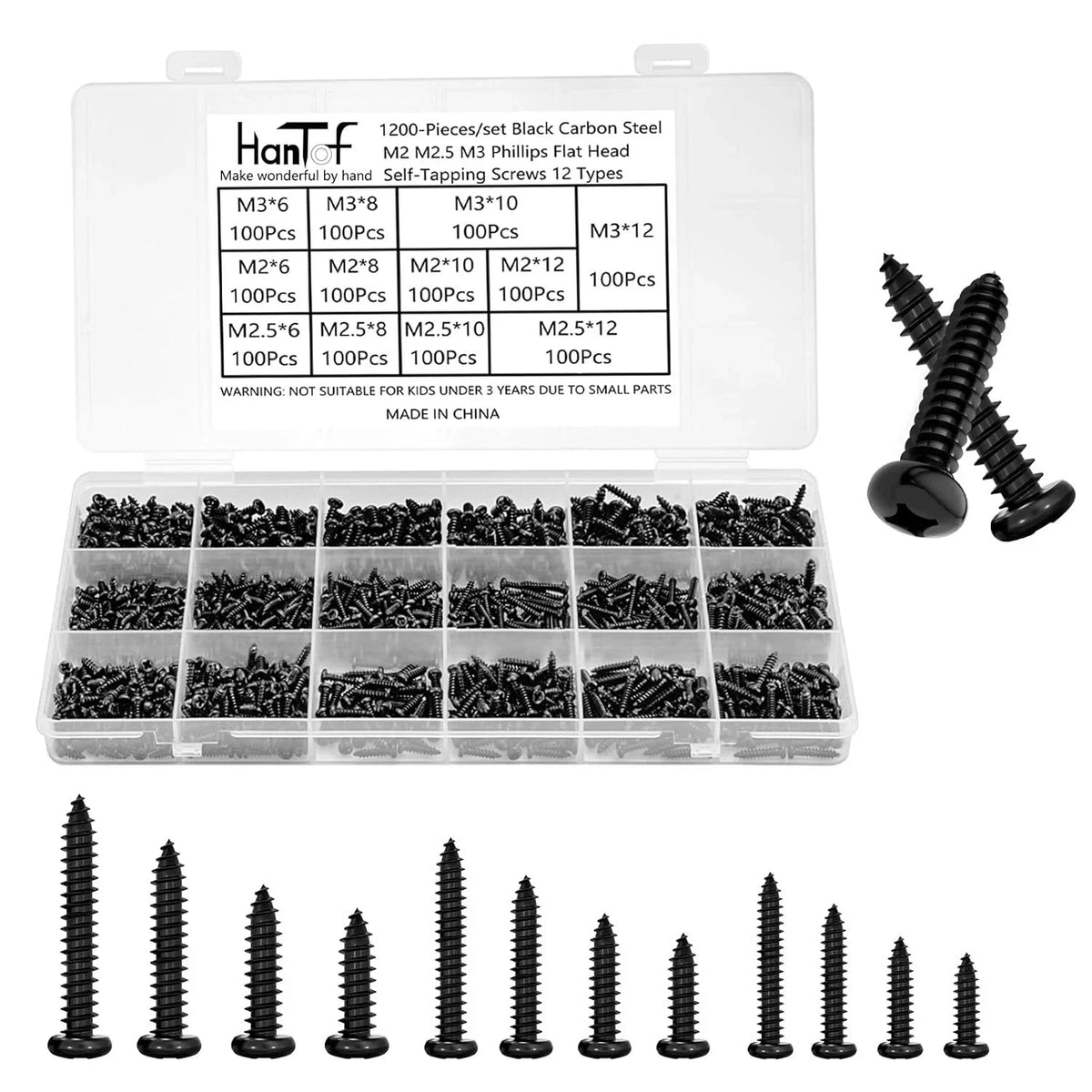 1200 Pcs Black Self Tapping Screws for Wood, Plastic, Soft Metal