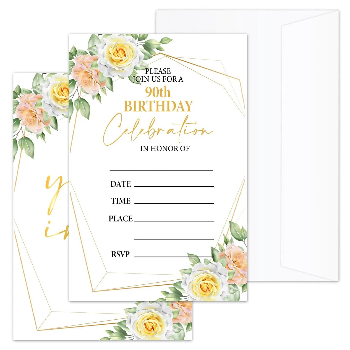 90th Floral Birthday Invitations with Envelopes, 4x6 inches