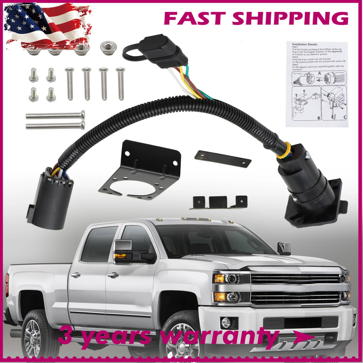 7 Way Trailer Wiring Harness for Chevy Silverado 1500 2500 3500 (2007–2019)
