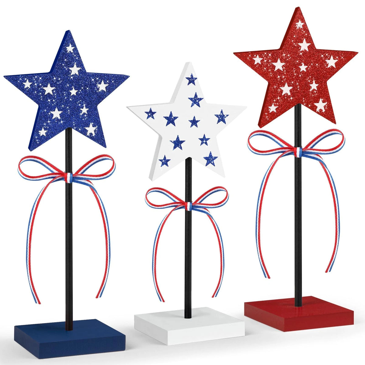 3X Wooden Star Table Decorations for 4th of July (Rustic Style)