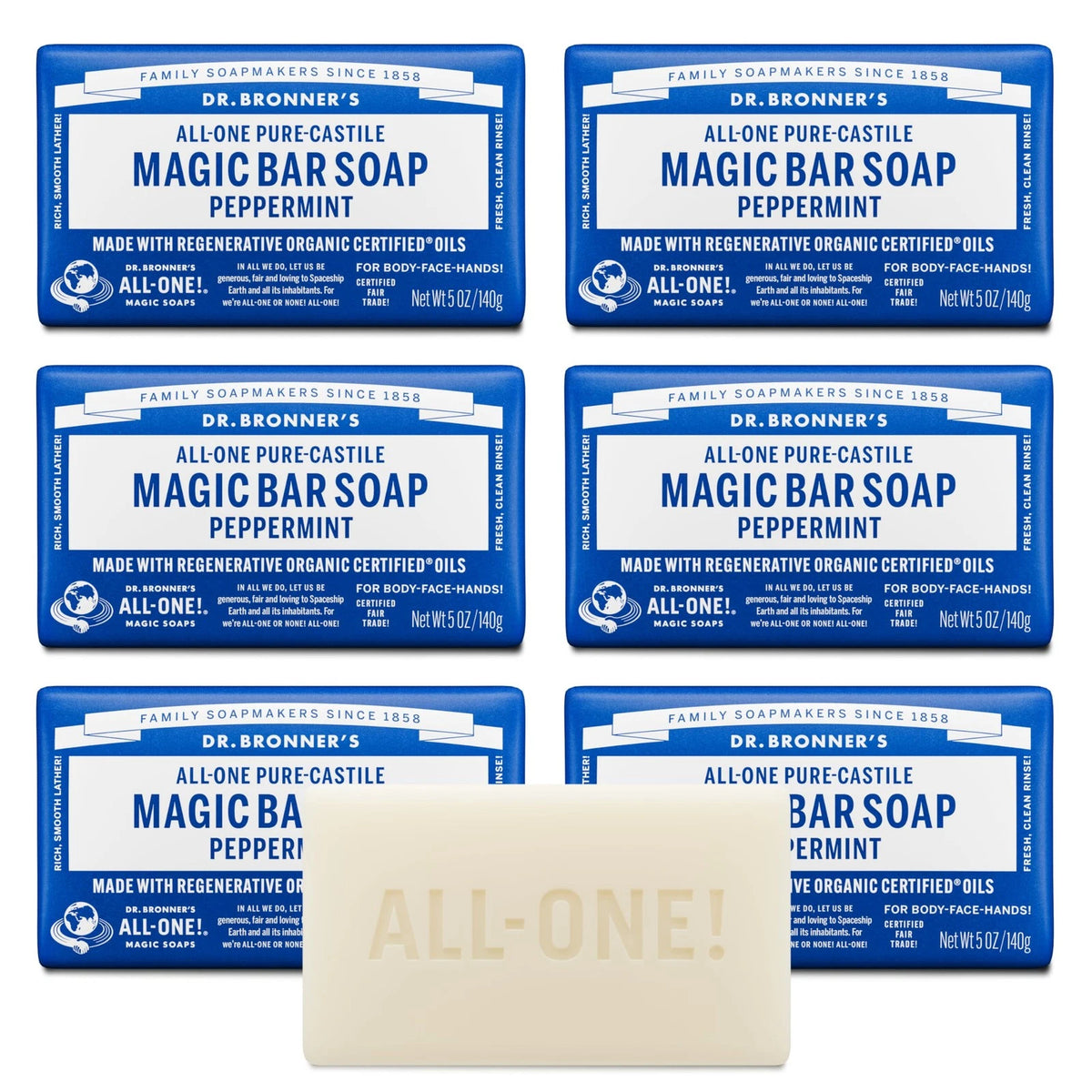 Pack of 6 Dr. Bronner's Pure-Castile Magic Soap Bars (Peppermint)
