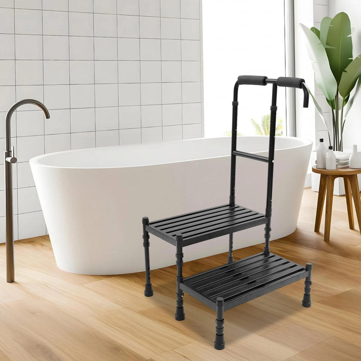 Floor Standing Step Stool for Adults with Handrail (Metal Ramp)