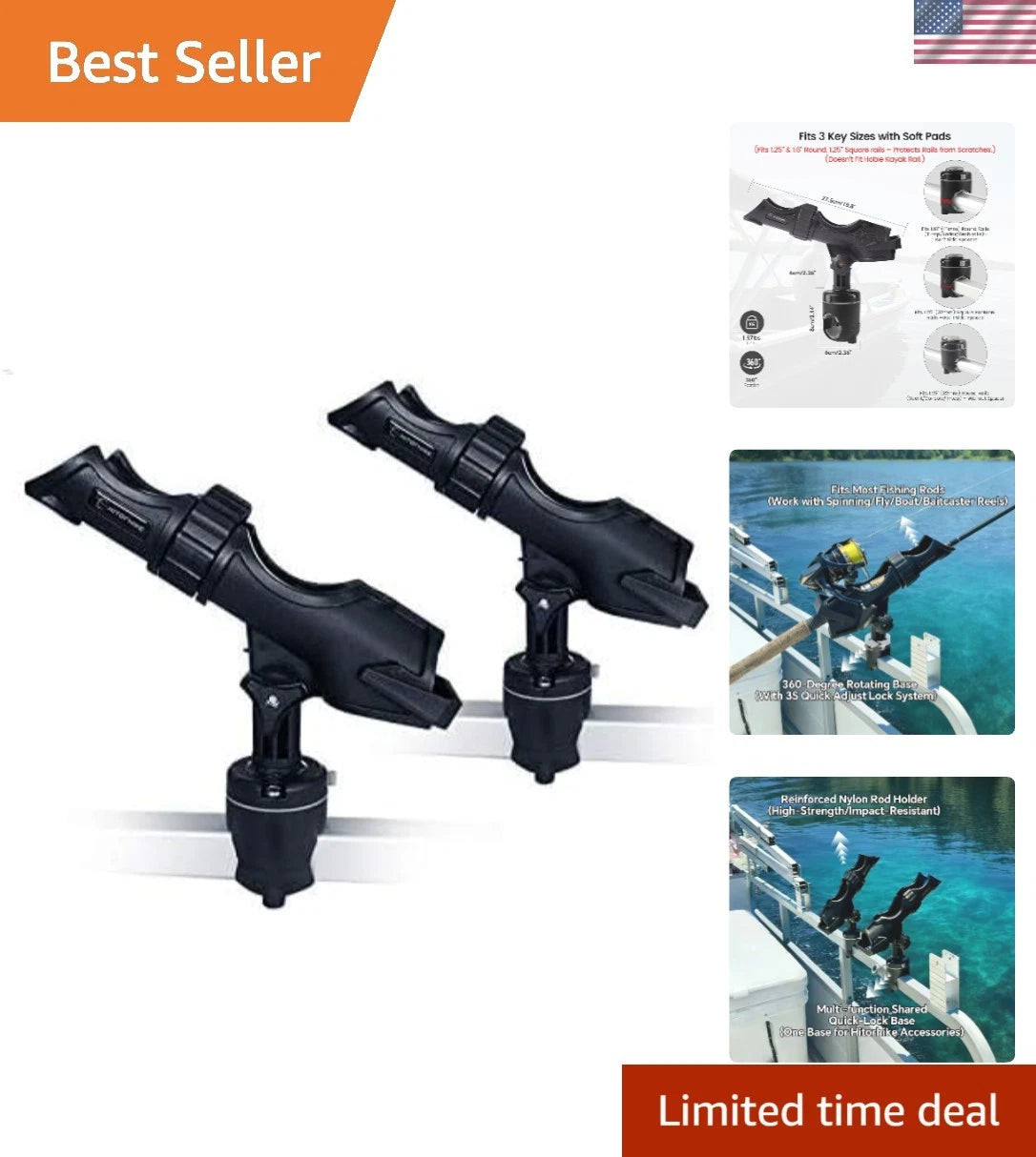 Universal Fishing Rod Holder with 90° Vertical Adjustment for Boats