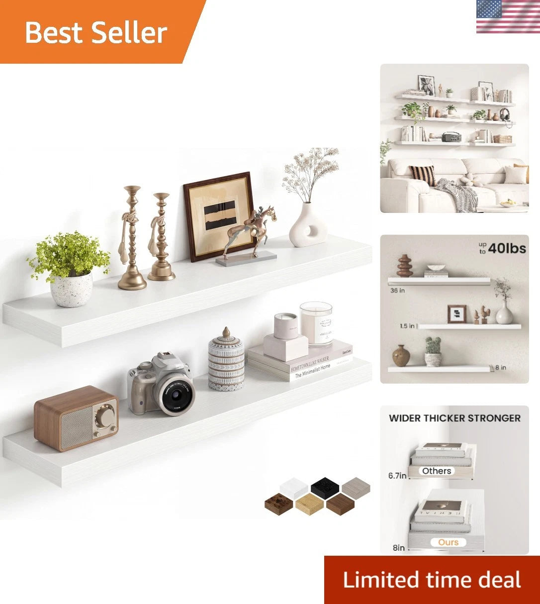 Set of 2 Floating Shelves for Living Room & Kitchen Decor