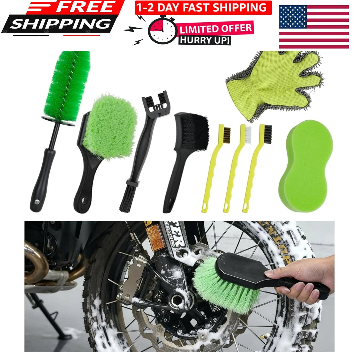 9 Pack Motorcycle Detailing Kit with Chain, Wheel, Rim, Tire Brushes