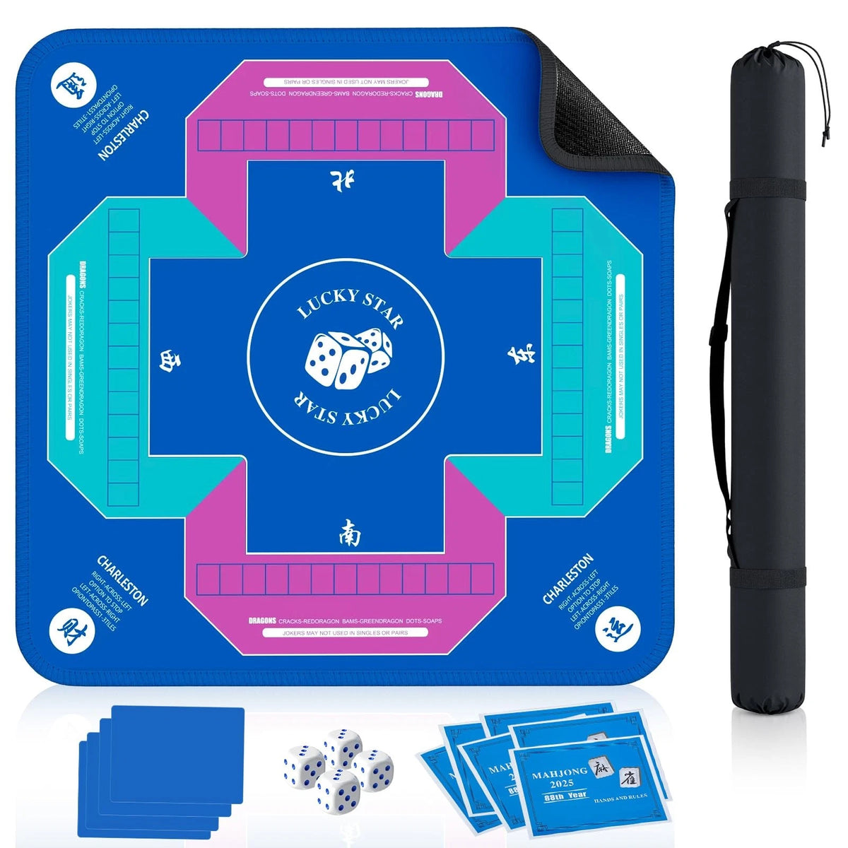 Mahjong Mat with Rules for Table 6 (32.7" x 2mm, Blue)