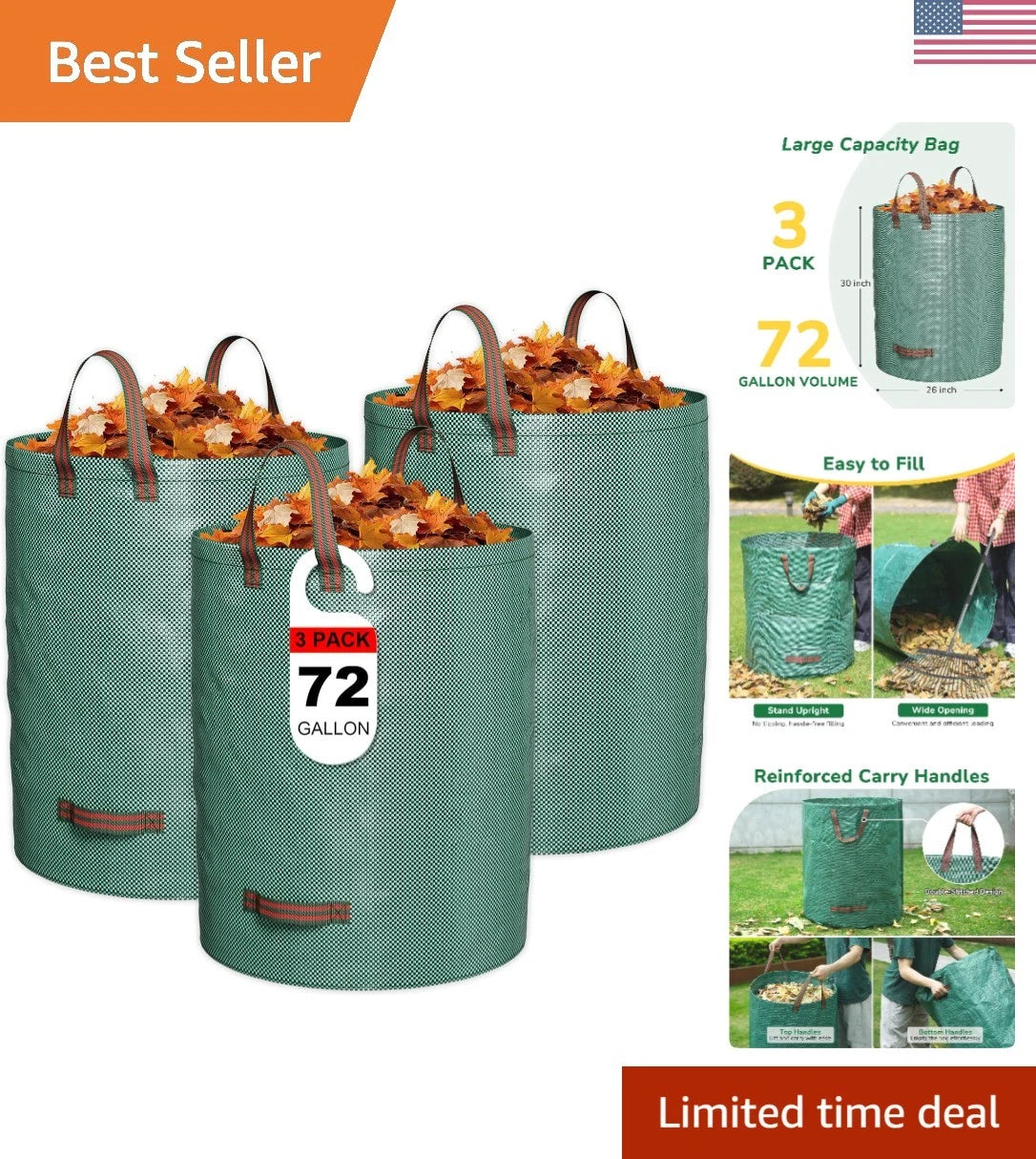 3 Pack of 72 Gallon Yard Waste Bags with Strong Handles