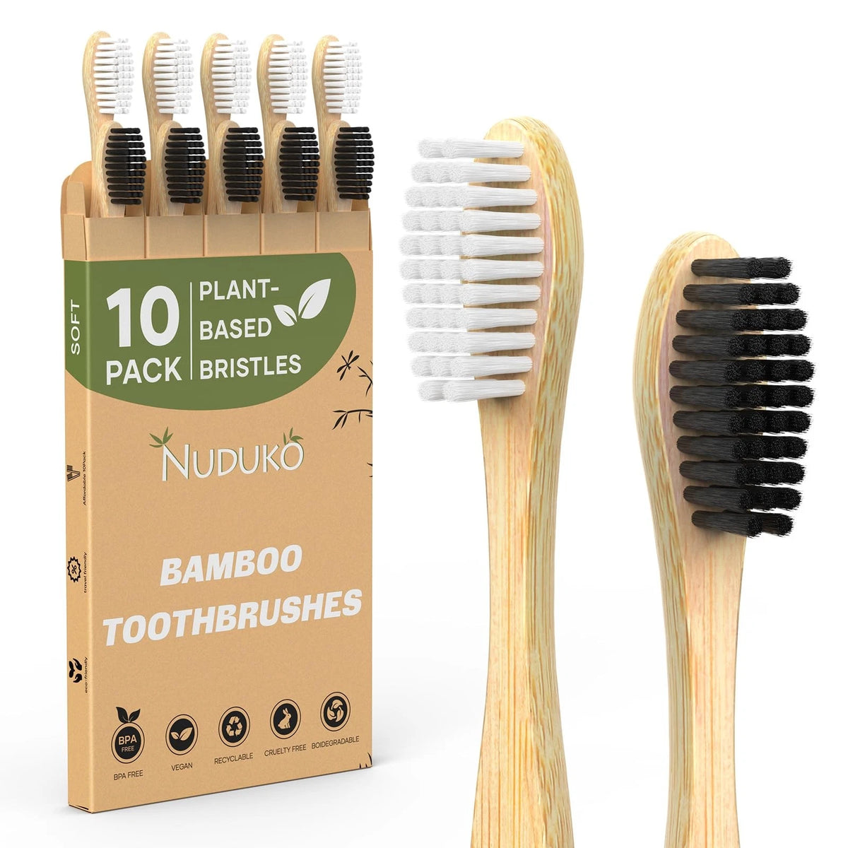 Pack of 10 Bamboo Toothbrushes for Travel - Black & White