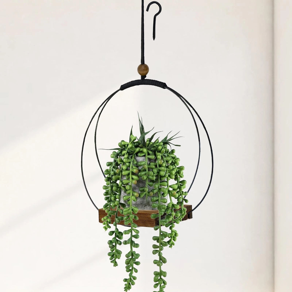 Hanging Planter for Indoor Use - Black Metal/Walnut Wood Base (1 Pack)