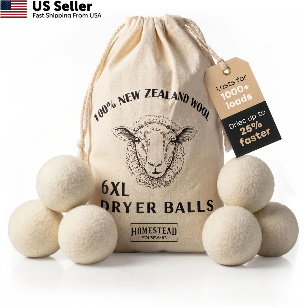 6X Wool Dryer Balls for Homestead Houseware (100% New Zealand Wool)