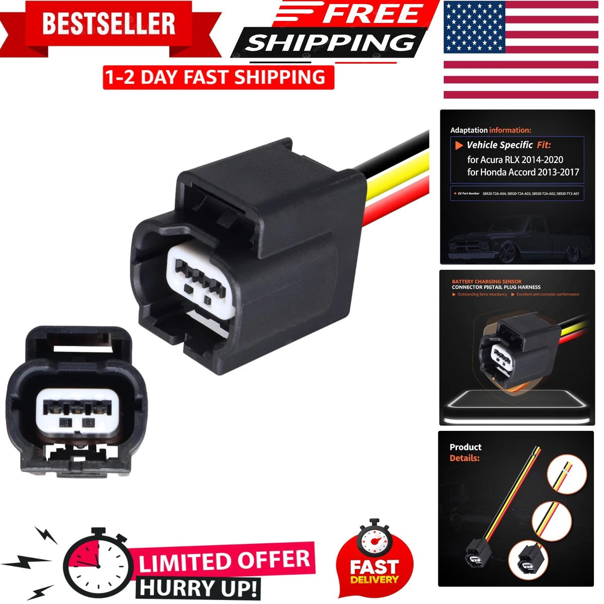 Battery Charging Sensor Connector Pigtail Plug Harness for Honda Accord (2013)