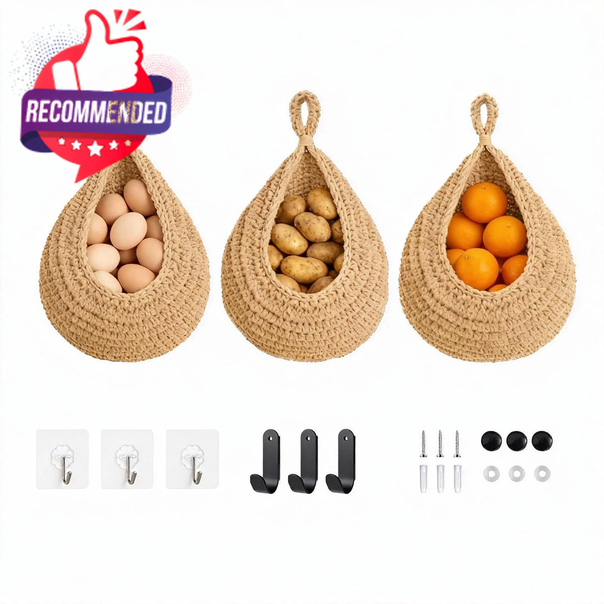 Set of 3 Wall-Mounted Fruit and Vegetable Baskets for Kitchen (16in x 13in)