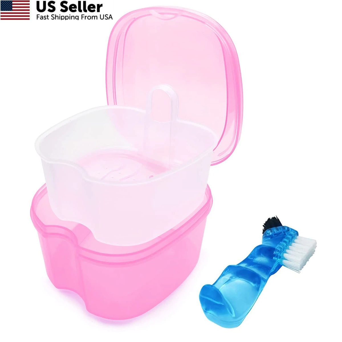 Denture Bath Case Soaking Cup with Brush - Light Pink