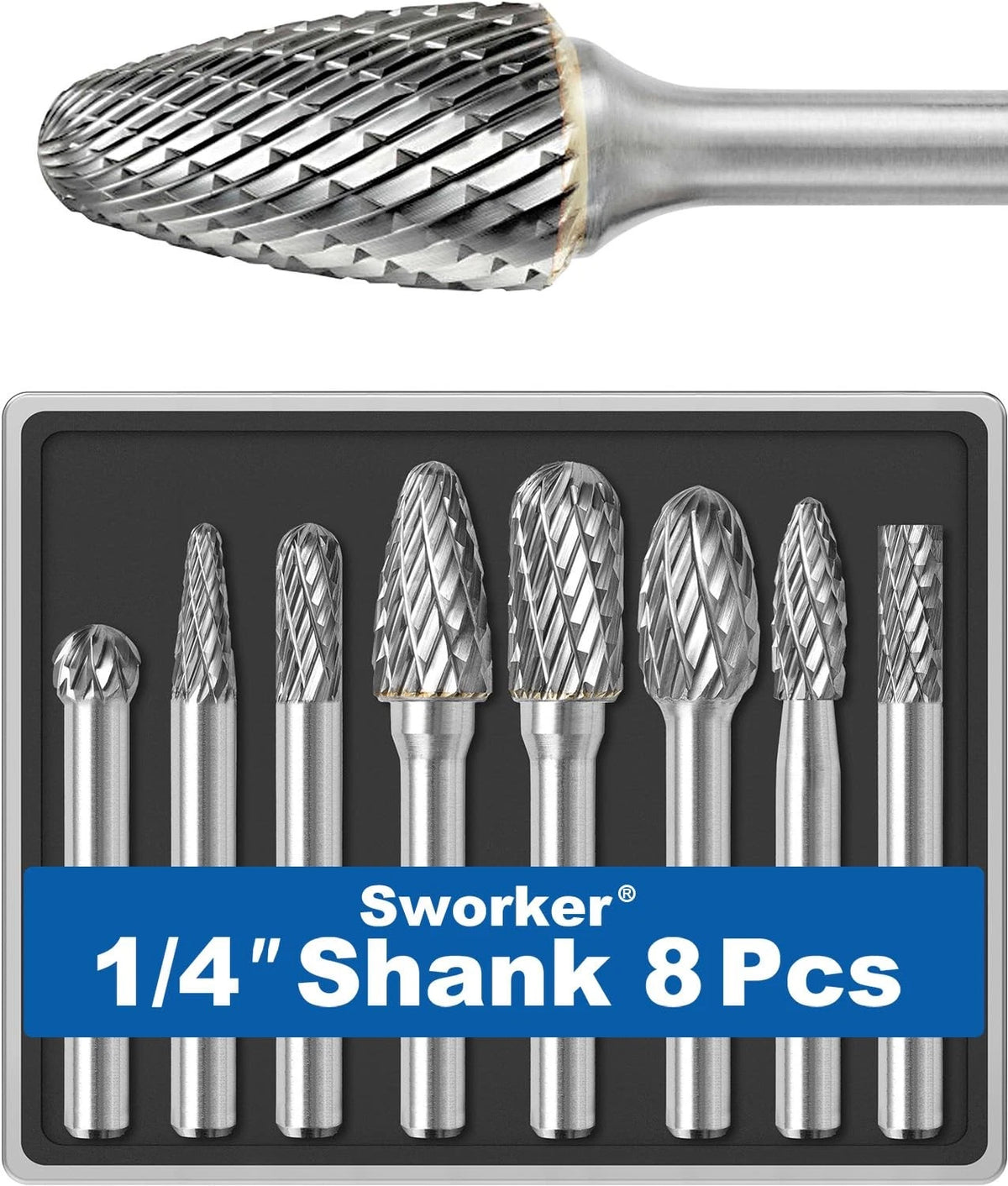 8Pcs Carbide Burr Set for Die Grinder (1/4 Shank, Max Head Dia 10mm)