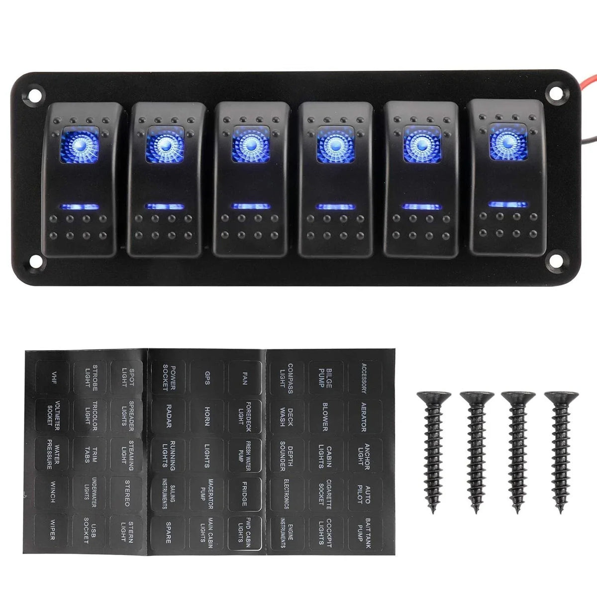 6 Gang Rocker Switch Panel for RV Car Boat Marine (12V/24V) - Blue LED