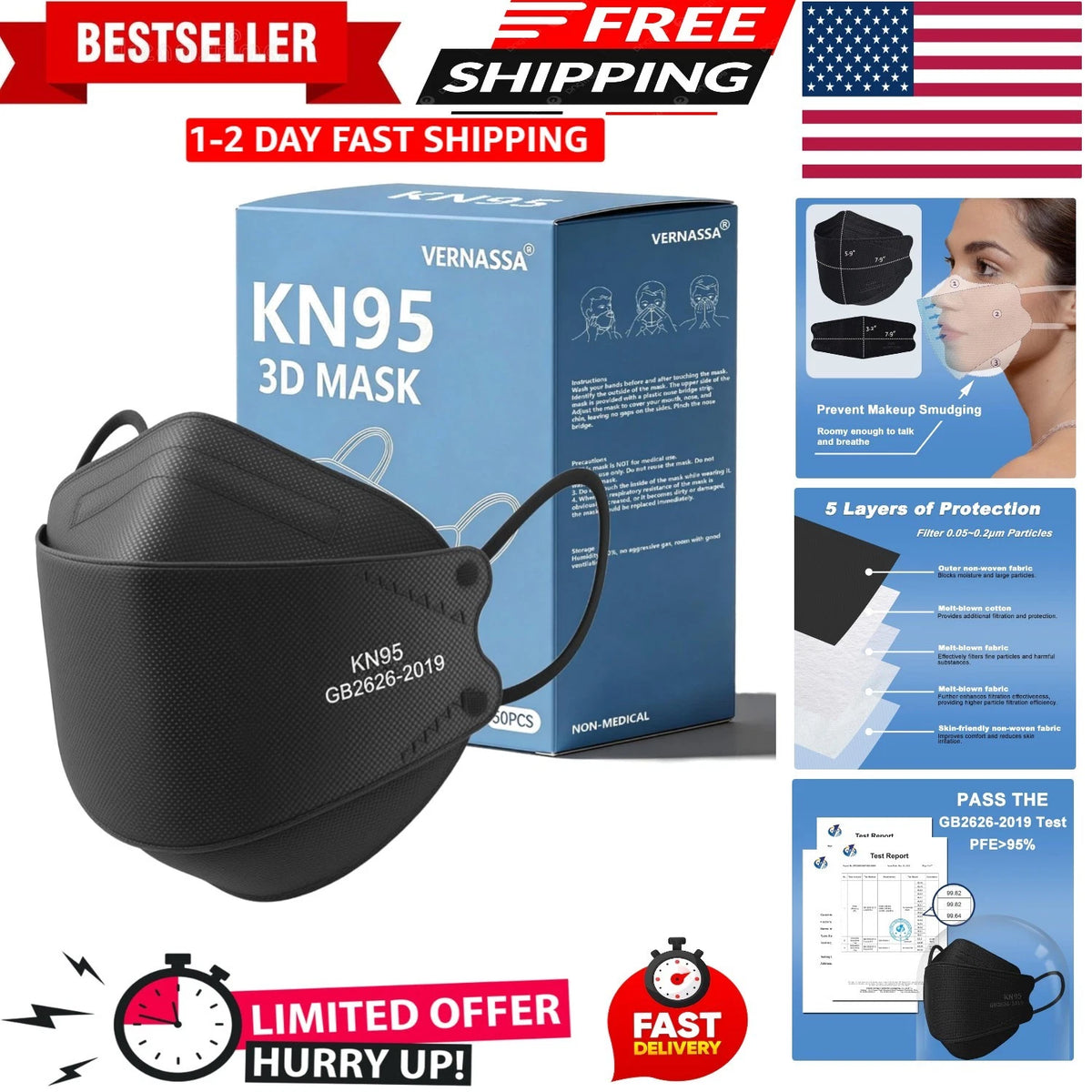 50 Pack KN95 Masks for Comfort (Individually Wrapped, 5-Layer, Black)