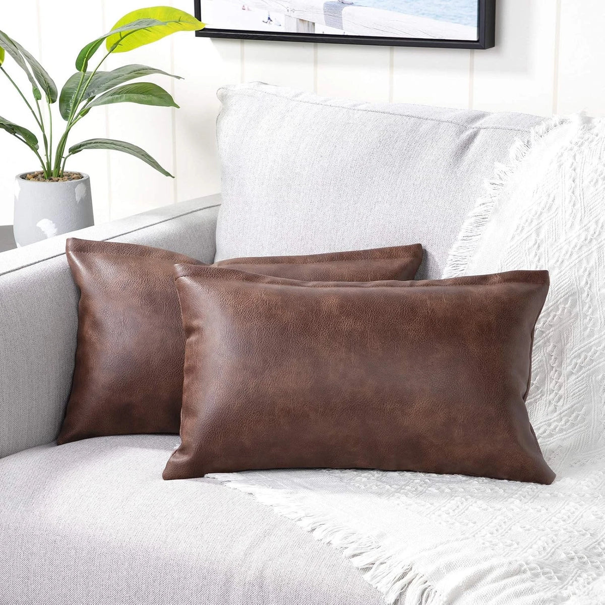 Faux Leather Lumbar Pillow Covers for Outdoor Use (Modern Decorative)