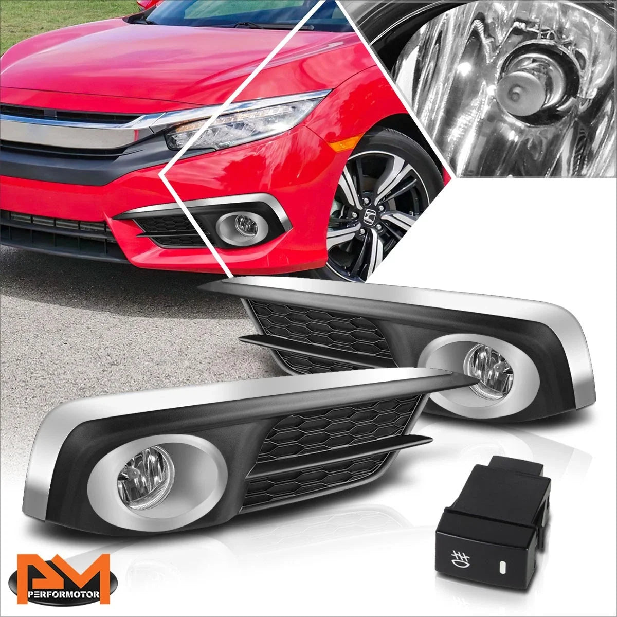 Clear Lens Fog Lights with Switch & Bezel for Honda Civic (2016–2017)