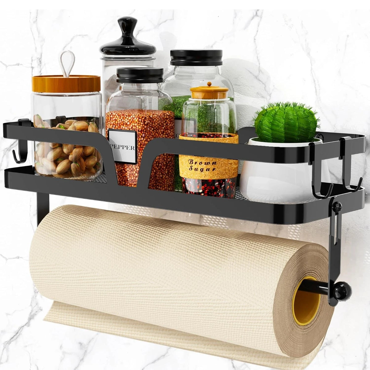 Black Kitchen Paper Towel Holder with Shelf and Spice Organizer Rack