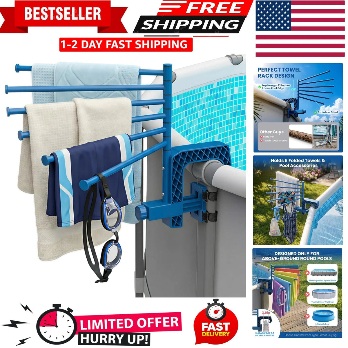 Poolside towel rack for above ground round pools, stainless steel