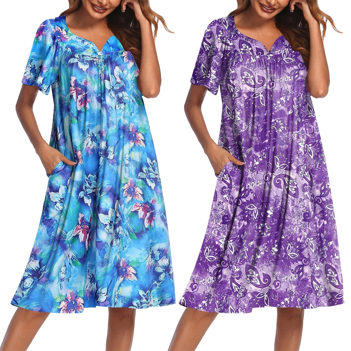 2 Pack Floral Print House Dresses for Women with Pockets, Short Sleeve Mumu