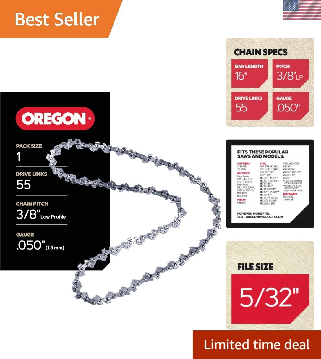 Semi-Chisel Chainsaw Chain - 55 Drive Links, 3/8" Pitch, .050" Gauge