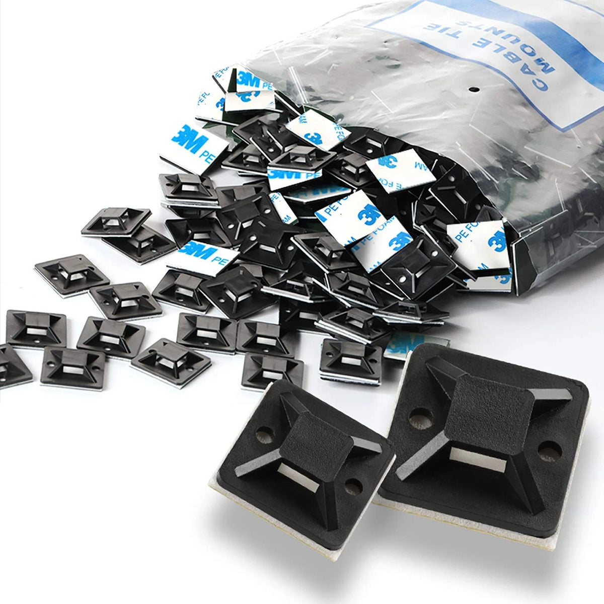 Set of 10 Self Adhesive Cable Tie Mounts 19.5mm x 19.5mm, Black