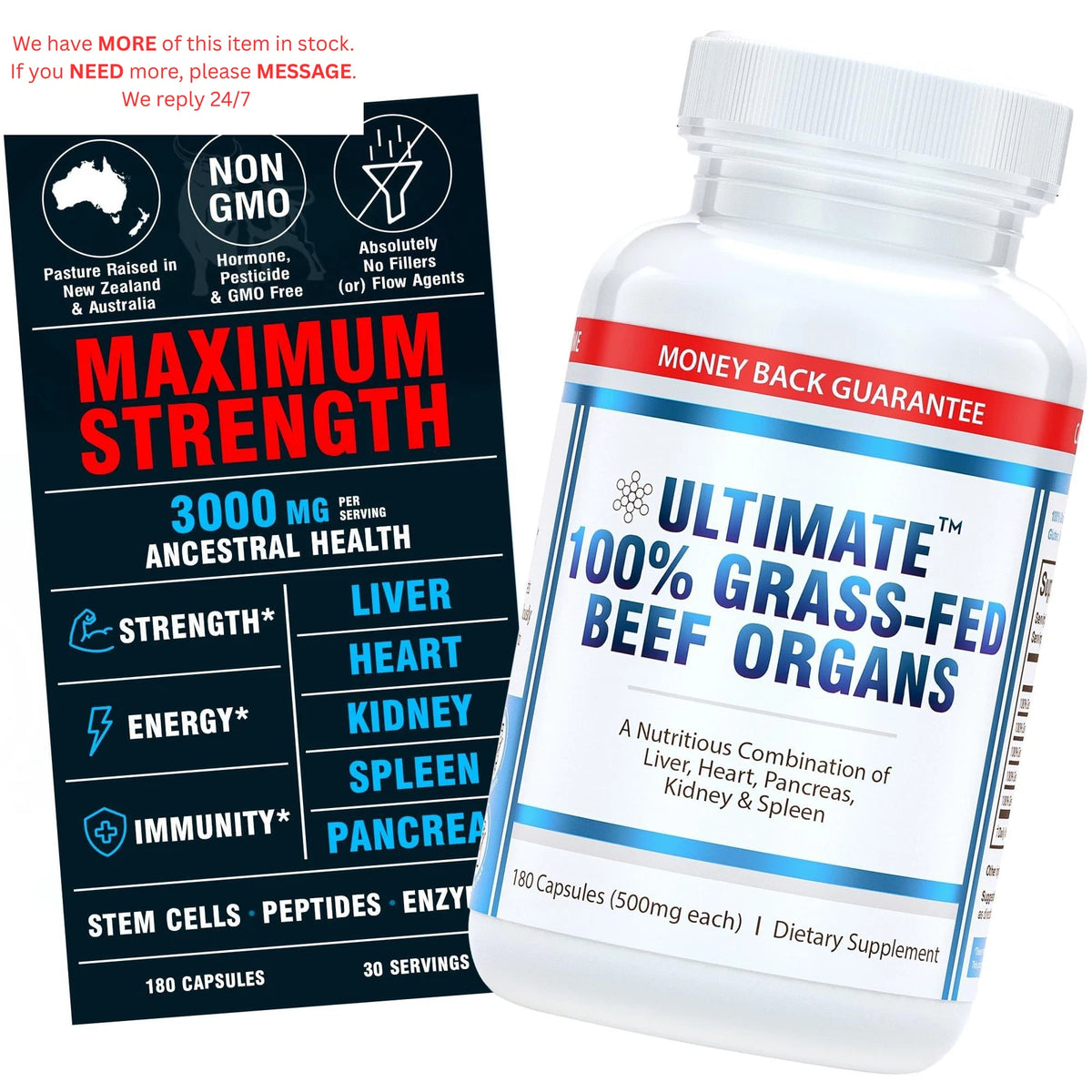 180 Count Grass Fed Beef Organs Supplement for Optimal Health