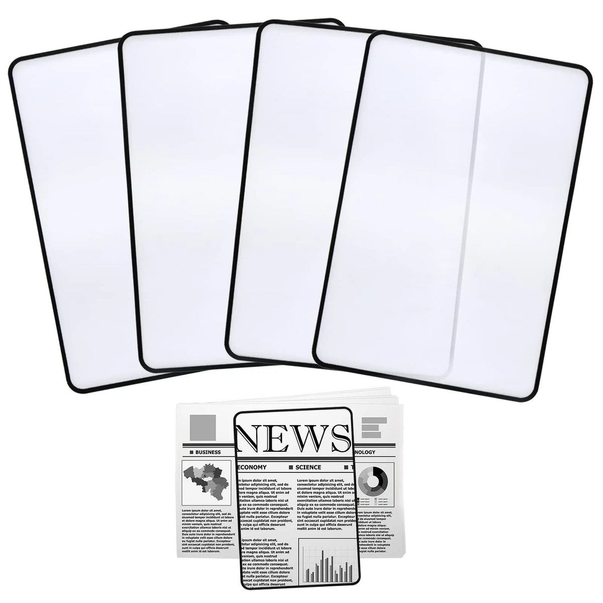 Set of 4 Magnifying Sheets 3X Lightweight Transparent with Black Edge