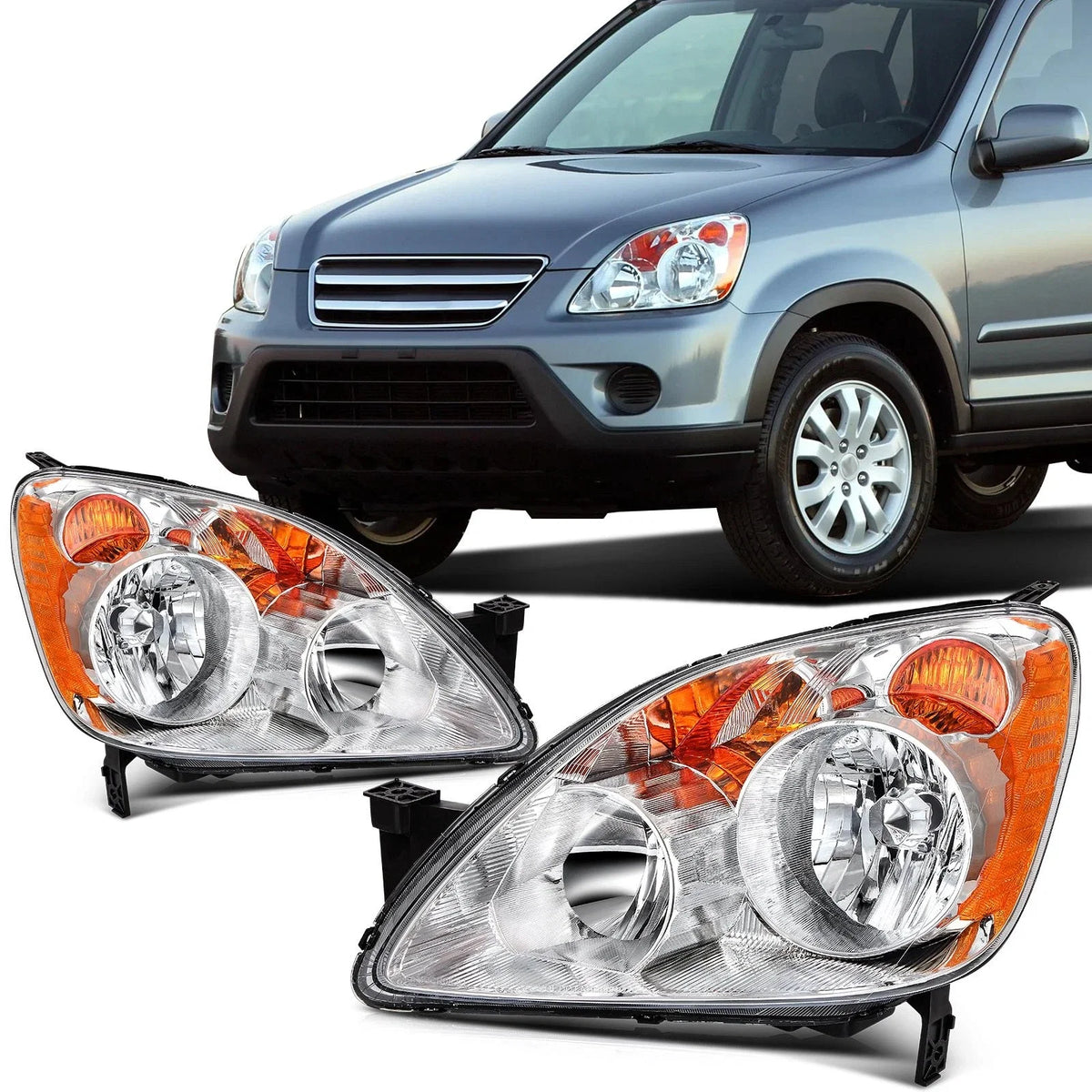 Set of 2 Chrome Amber Headlights Assembly for Honda CR-V (2005–2006)