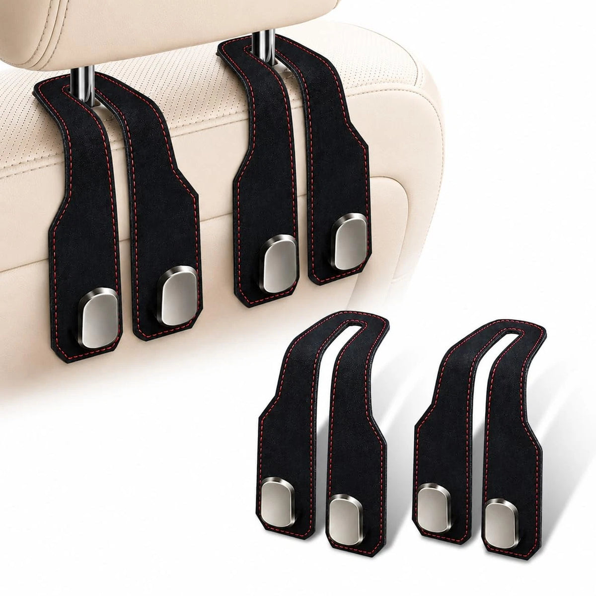 2Pcs Car Headrest Hooks for Universal Fit - Stylish Black Leather