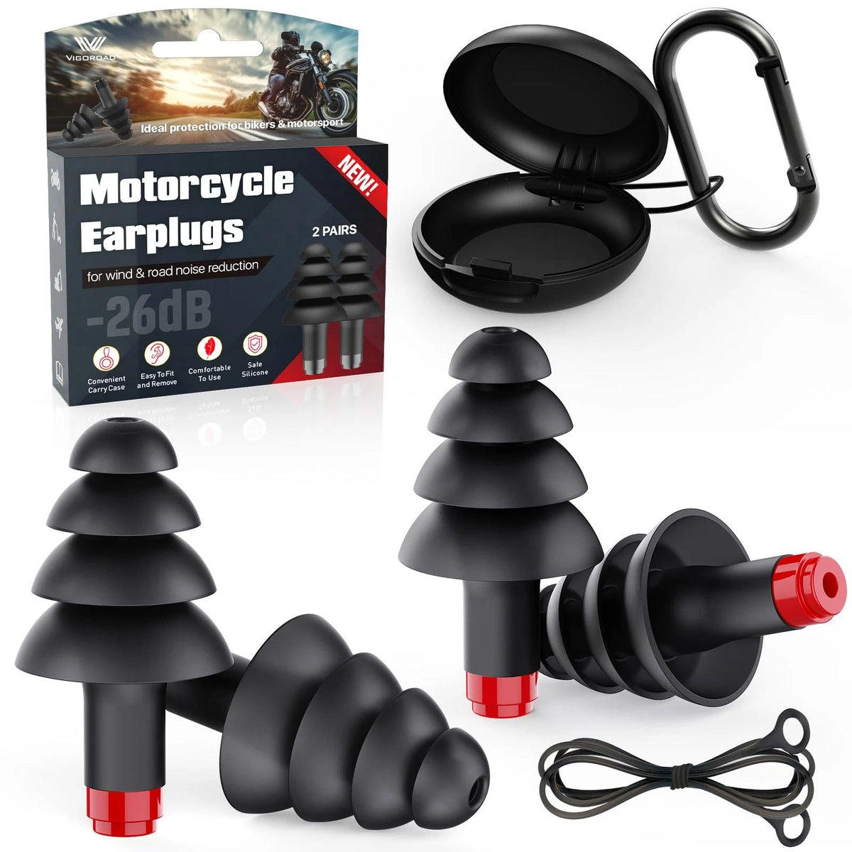 Motorcycle Ear Plugs for Wind Noise (Pack of 2) - Black/Red