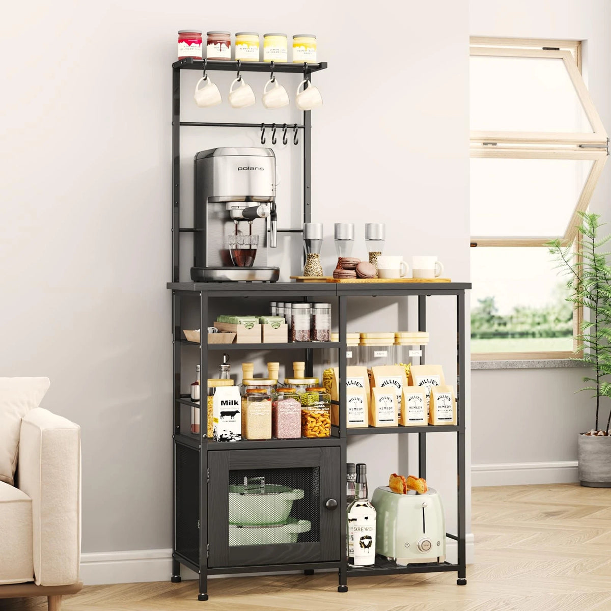 Bakers Rack Coffee Bar Cabinet Organizer with 8 Hooks and Shelves
