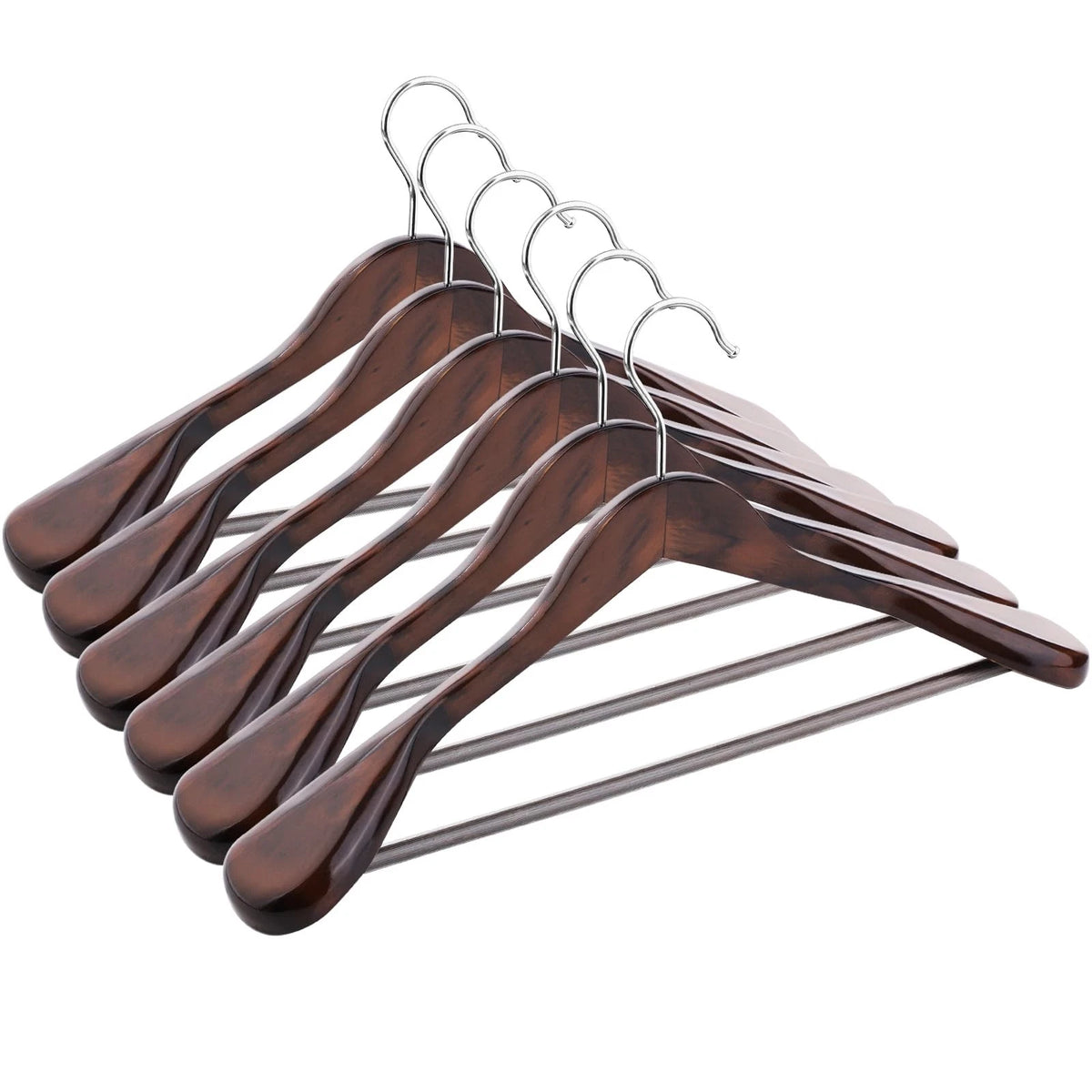 6 Pack Solid Wood Suit Hangers with Non-Slip Trouser Bar, 360° Swivel