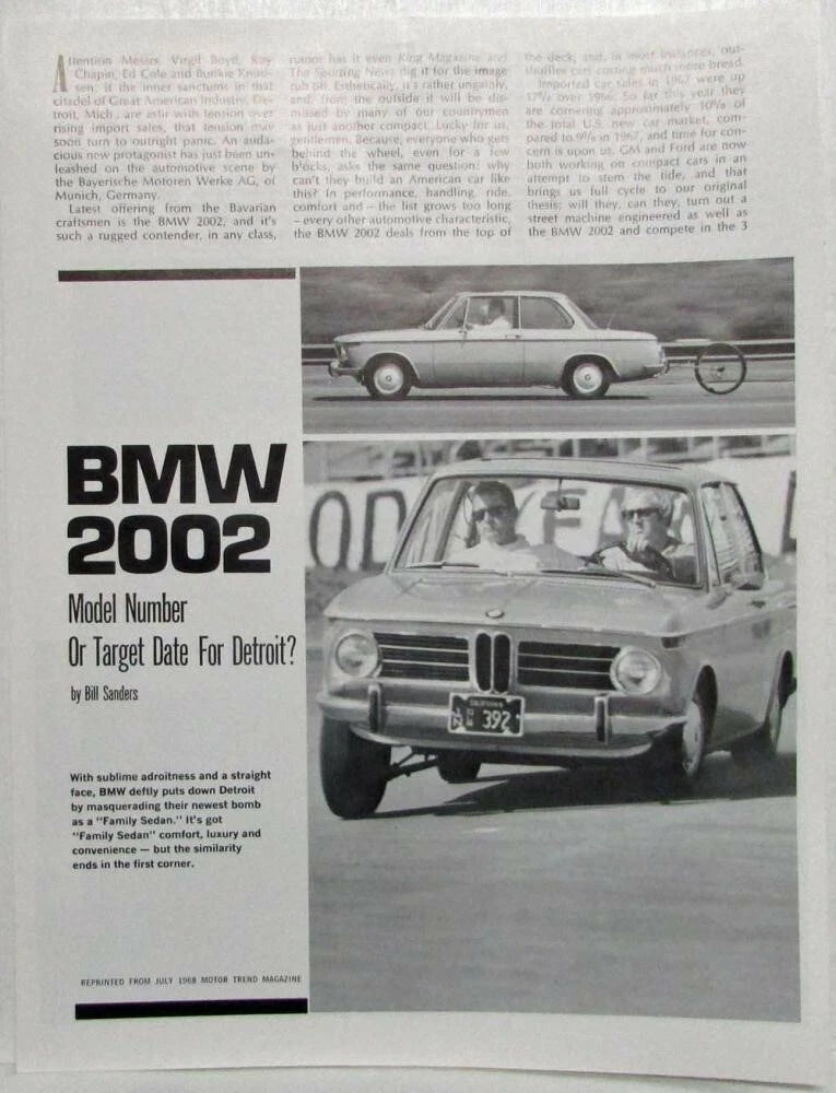 1968 BMW 2002 Motor Trend Road Test Article Reprint