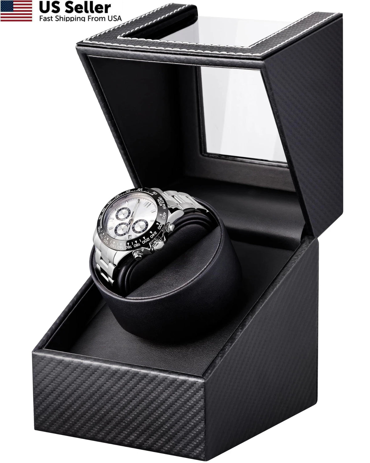 Watch Winder for Automatic Watches (Black Carbon Fiber Leather)