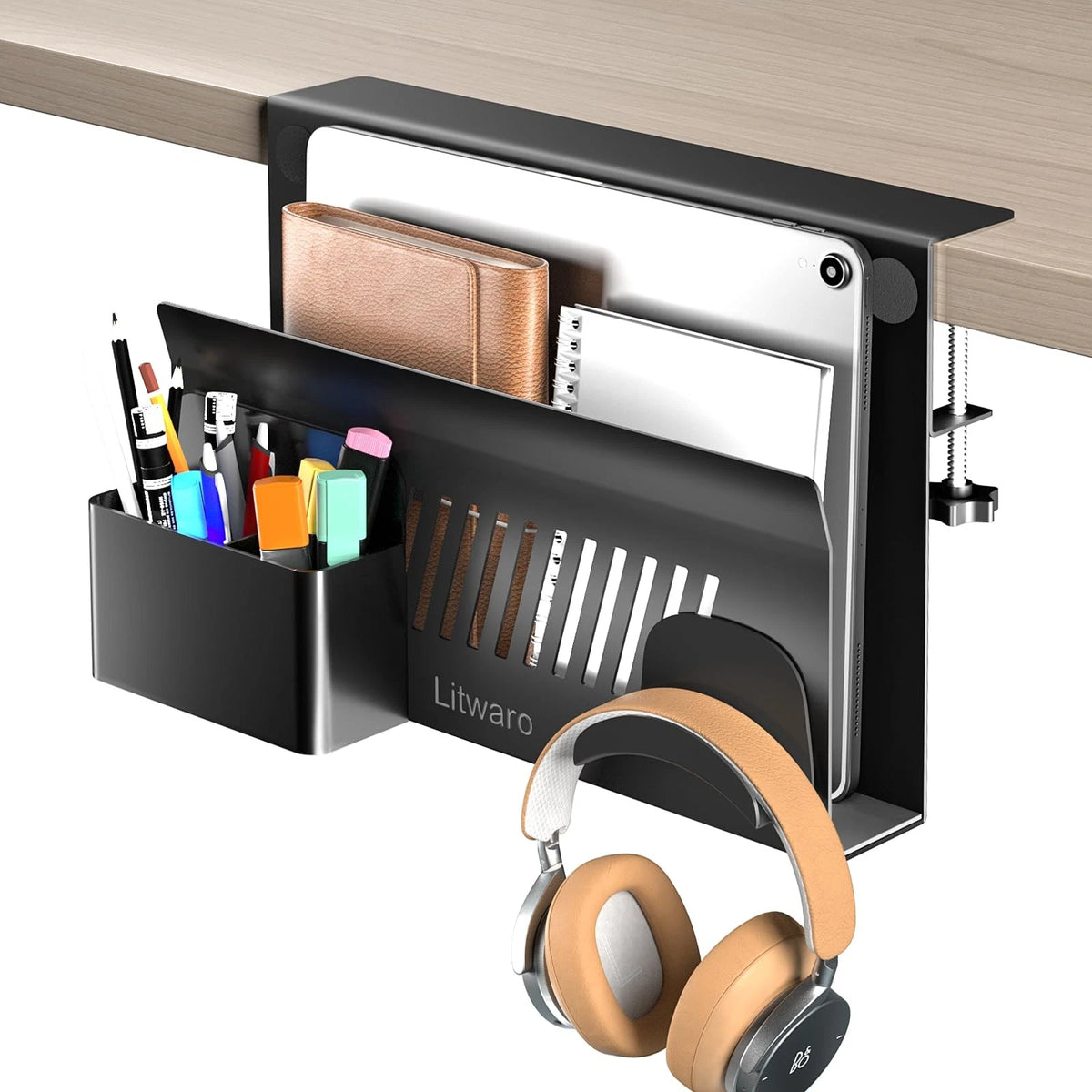 Desk Side Storage for Laptop Holder (11.8", No Drill, Black)