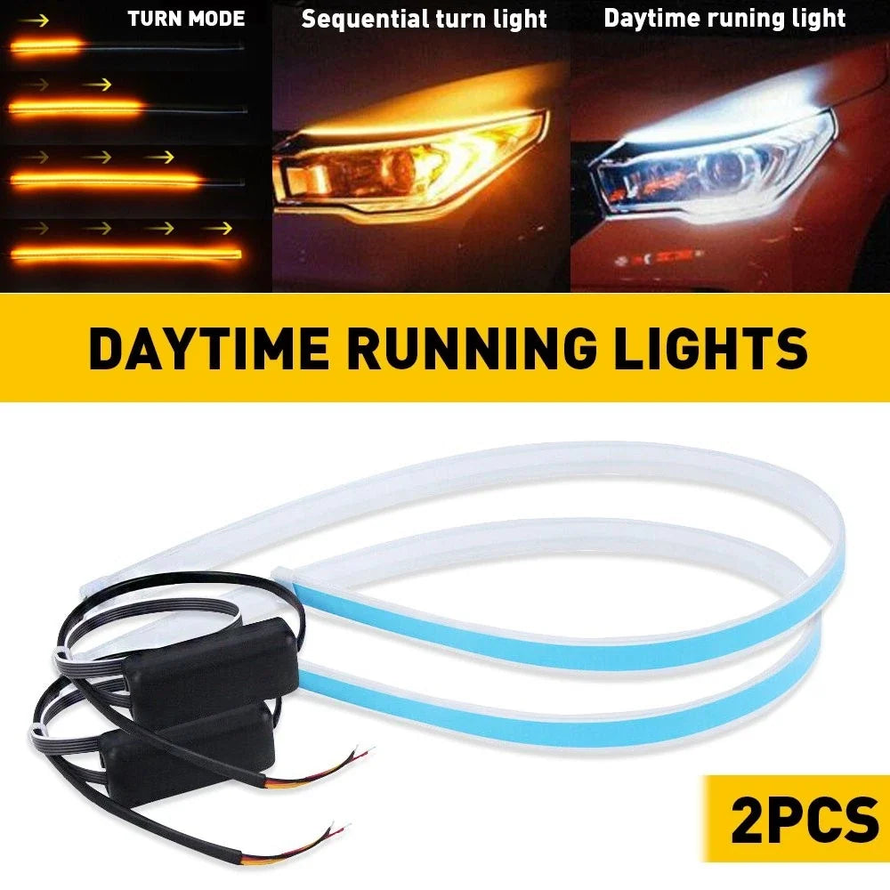2X 60CM Slim Amber Sequential Flexible LED DRL Turn Signal Strip for Headlight