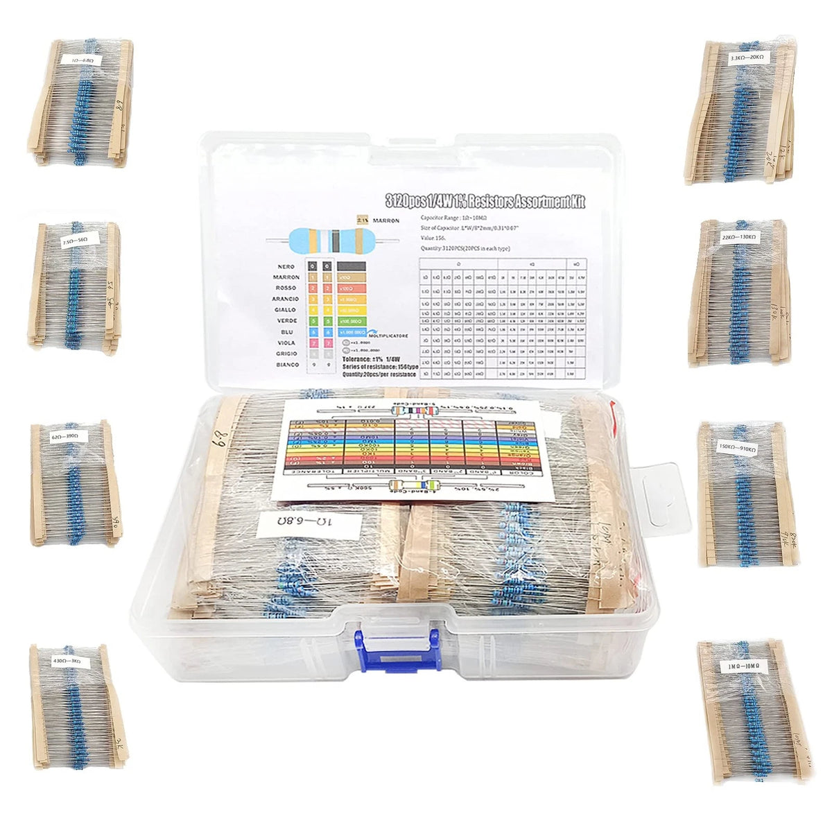 3120pcs Metal Film Resistor Kit for Various Applications (1 Ohm-10M Ohm)