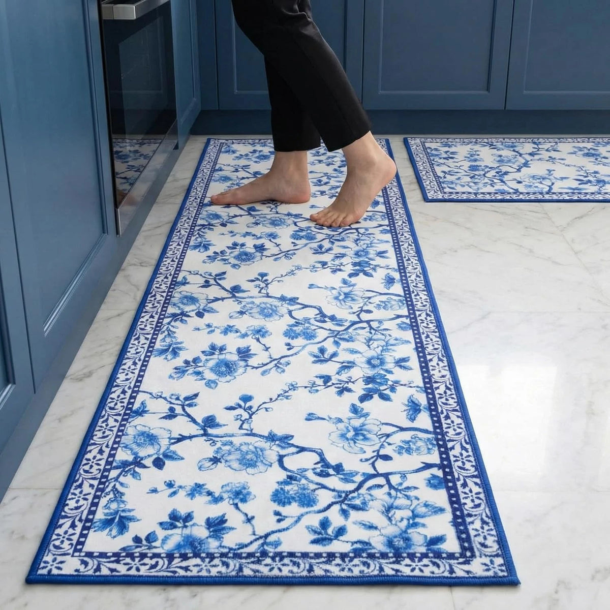 2X Floral Kitchen Mats for Chinoiserie Style (Washable, Cute Blue)