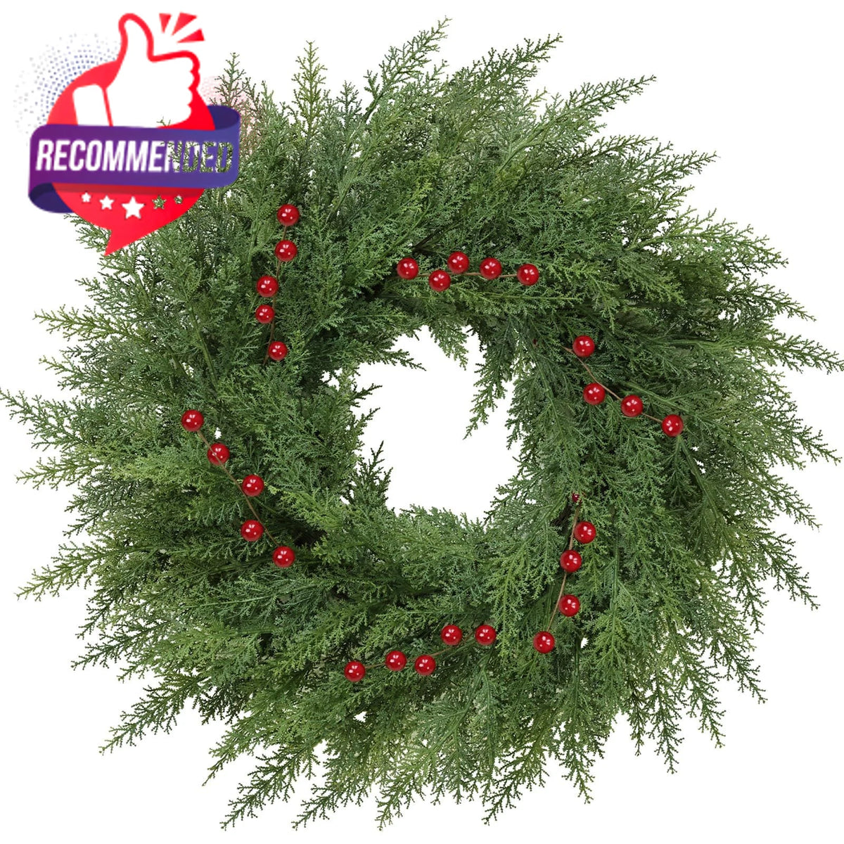 Lush Christmas Wreath for Front Door with Red Berries (24")