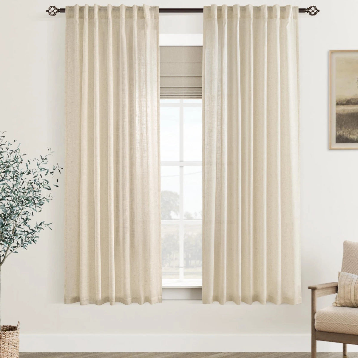 Faux Linen Beige Curtains 63" for Living Room (Rustic Farmhouse Style)